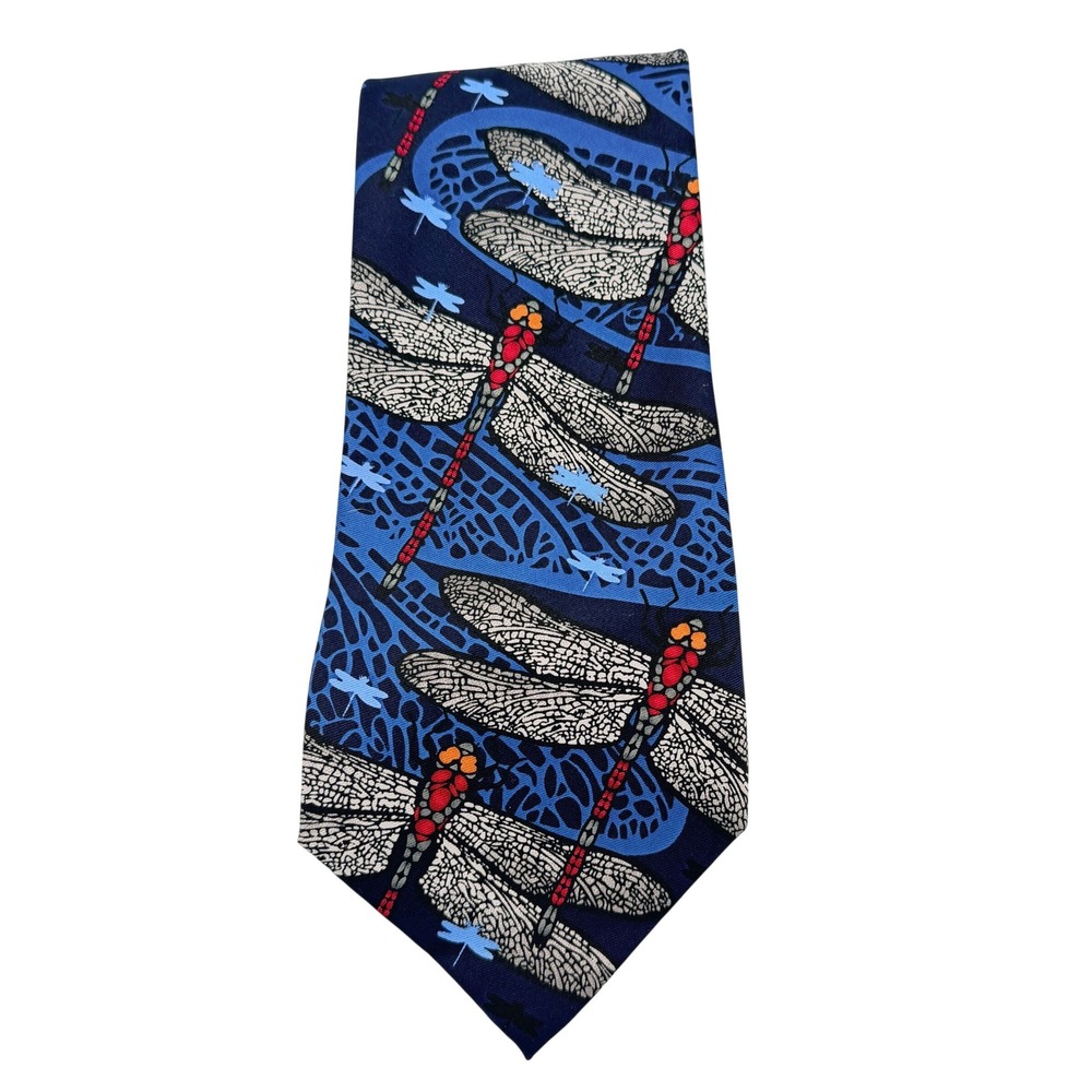 Prentice Hall Mens Blue Dragonfly Silk Necktie Nature Insect Print Tie